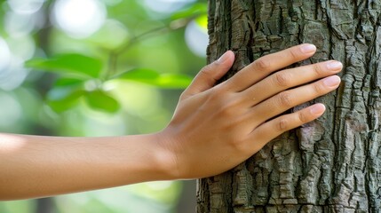  A tight shot of a hand touching tree bark, tree trunk visible behind