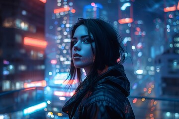 A beautiful cyberpunk girl stands against the backdrop