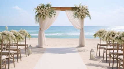 Serene coastal wedding scene with white decor simple elegance