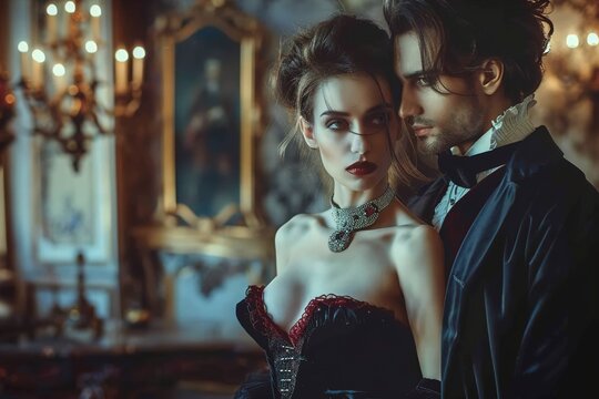A beautiful couple of vampires is standing in interior
