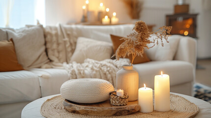 Modern Living Room With Candles and White Couch