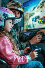 Young man and little girl wearing biker helmets