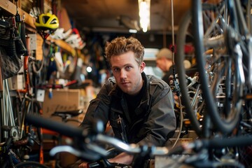 Young man mechanic working in a bicycle shop