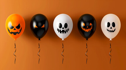 Row of Halloween balloons with eerie pumpkin faces on orange background. Set of Halloween balloons with spooky jack-o'-lantern faces and creepy designs, perfect to create festive Halloween atmosphere