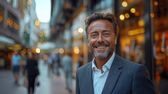 Mature man in suit exudes confidence downtown at dusk.