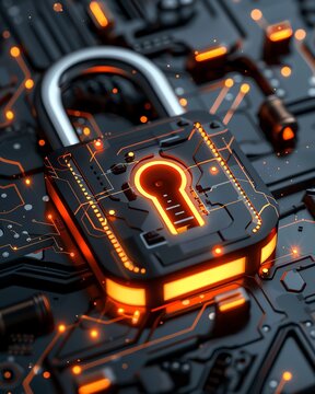 A glowing orange padlock on a black circuit board