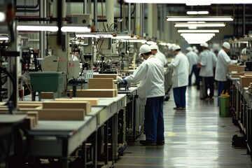 Employees in lab coats operate machinery on an electronics assembly line in a factory setting
