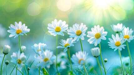  A field filled with white daisies Sun illuminates leaves and flowers, highlighting them in the foreground