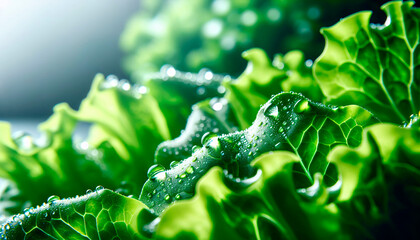Close-up of dewy lettuce leaves. Leafy greens' freshness and detail.