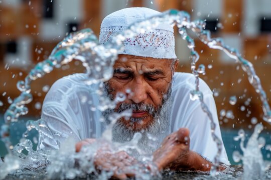 moslem man take ablution known as wudu as one of rituals
