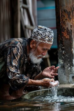 A moslem man take ablution known as wudu as one of rituals