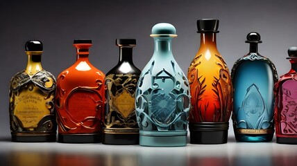 A unique and diverse collection of bottles, each with their own distinct style and design, rendered in stunning detail and vivid colors.