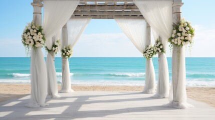 Stunning white wedding setup on the beach at sunset romantic getaway