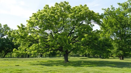 Fototapeta premium Drzewo liściaste. Potężny klon z zielonymi liśćmi w środowisku leśnym.