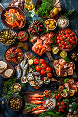 Dishes are arranged on large table, offering mix of colors and textures. Green salads, roasted meats, and sides potatoes and vegetables.