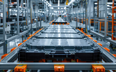 Lithium-ion high-voltage battery component for electric vehicles or hybrid cars: EV battery module in production for the automotive industry