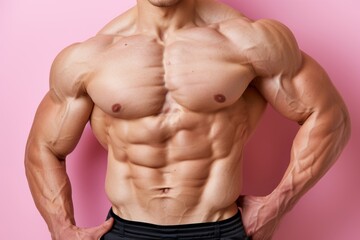 Fototapeta premium Muscular bodybuilder with defined abs on soft colored background, space for text