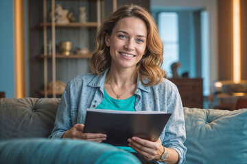 Woman sits on a sofa in living room and reading a document or letter with good news. She is smiling and she is happy. Good news, approval of a bank loan, promotion at work