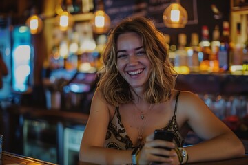 Beautiful lady sitting in a bar and smiling