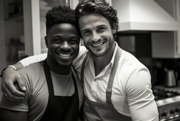 Obraz premium Chefs in a professional kitchen smiling at camera