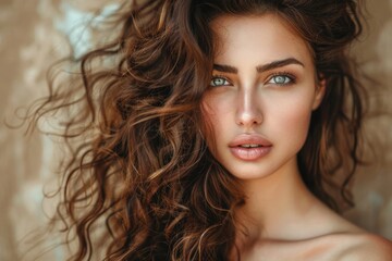 Fototapeta premium Brunette Beautiful Woman Portrait. Young Beauty Model with Classic Curly Hairstyle
