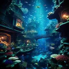 A breathtaking underwater city built into the side of a coral reef, with bioluminescent lights illuminating the structures and schools of fish swimming through the streets.