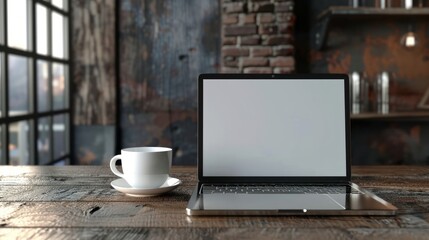 Laptop on wooden table, with cup of coffee. front view.  world wide web day