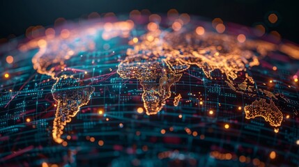A digital representation of Earth highlighting continents with orange light.