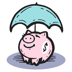 Rainy day savings pink piggy bank money blue umbrella money symbol icon drawing sketch