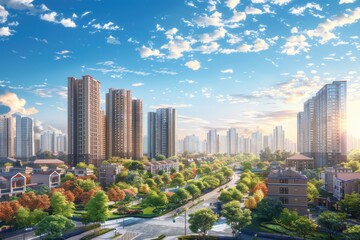 Fototapeta premium Building Landscape. Urban Cityscape with Skyscrapers, Park and Street in Downtown Area