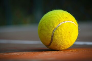 Detailed shot of a yellow tennis ball on the red surface of a clay court