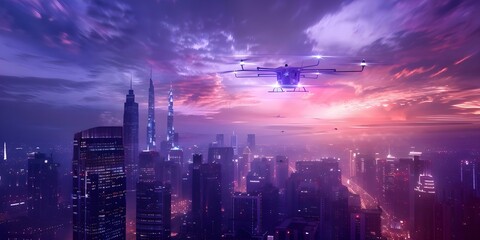 Autonomous Aerial Vehicles: The Future of Urban Transportation in Futuristic Cities. Concept Urban Mobility, Autonomous Technology, Future Transportation, Aerial Vehicles, Futuristic Cities