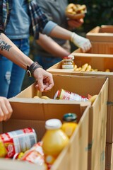 Cardboard boxes being filled with food donations