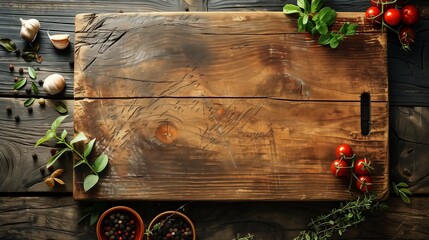 Top view of a rustic wooden cutting board surrounded by fresh herbs, tomatoes, garlic, and spices on a dark wood background.
