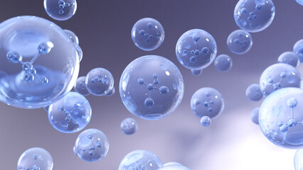 Molecule inside a liquid bubble. Essence Ball Molecules. Liquid bubbles with particles, cosmetic essence, and water background.