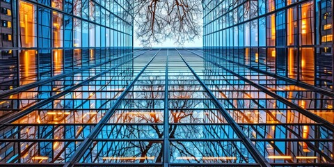 Reflection of a tree in a buildings glass facade