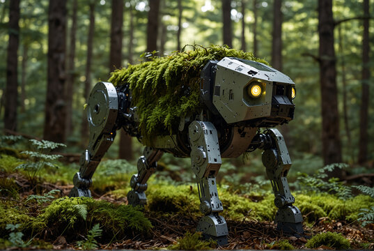 A mossy robot dog that was thrown away in the forest is now alive again