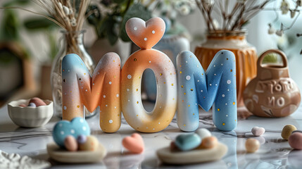 Colorful word: "mom" with hearts, mothers day