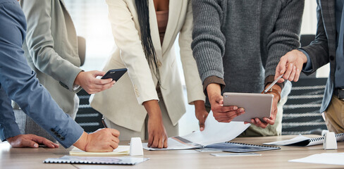 Business, hands and meeting with paperwork for strategy with action plan, decision making and...