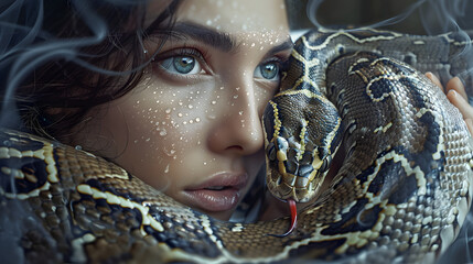 A woman is holding a snake in her arms