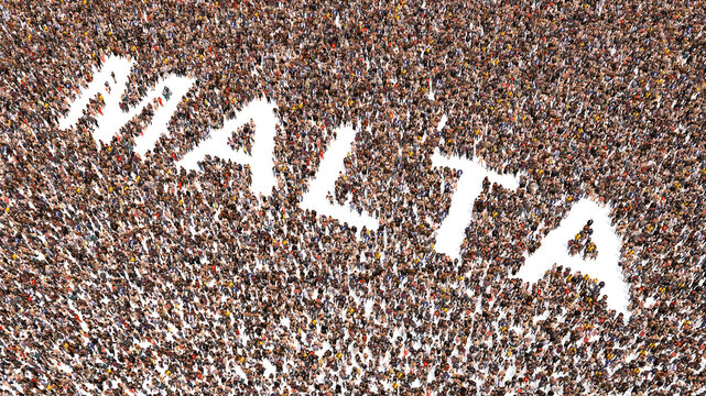 Concept or conceptual large community of people forming the word MALTA. 3d illustration metaphor for culture, history and education, politics, economy and business, travel and adventure