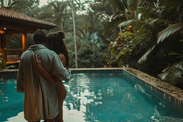 Couple in love standing next to a pool