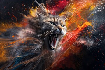 A wild maincoon in full roar, charging forward with a fierce expression. Captured in a dynamic colours. Splashes and splatters around the wild maincoon suggest its swift movement and wild energy