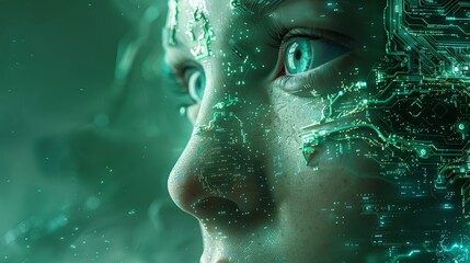 Neat technological art fusion futurism new reality man and artificial intelligence, green and blue tones