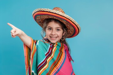 Cute girl in Mexican hat and poncho pointing