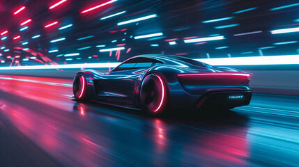 Futuristic Sports Car Driving Through City at Night