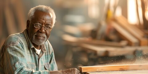 Older Black man sanding wood in a woodworking shop. Concept Carpentry, Woodworking, Craftsman, African American, Senior Citizens