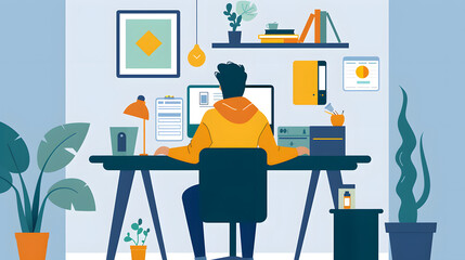 A man is sitting at a desk with a computer and a book