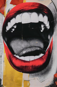 Fototapeta Close up of open mouth with white teeth, tongue sticking out and showing the back upper part is black, vintage magazine cutout collage