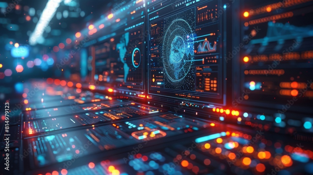 Poster a computer screen displaying a futuristic digital image with vibrant colors and advanced technology 